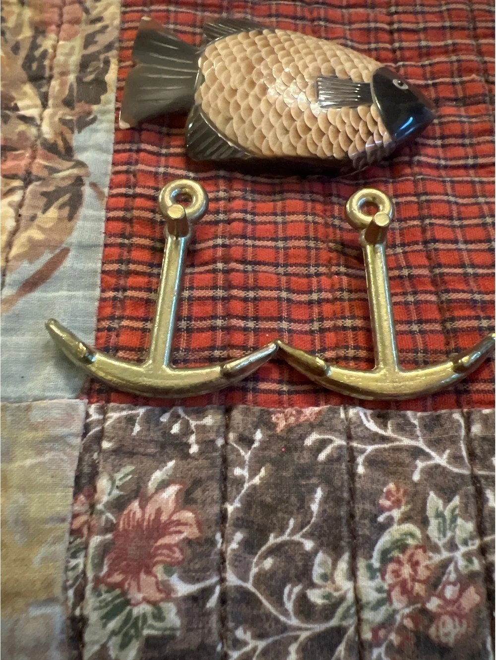 Vintage Fish Shaped Wall Hook with Brass Anchor Hooks